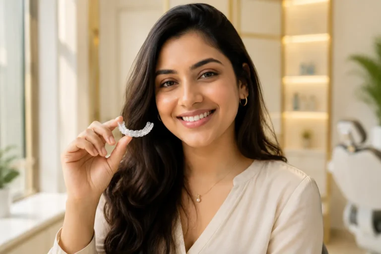 Smiling adult holding a virtually invisible clear aligner at Pristine Dental, Chandigarh