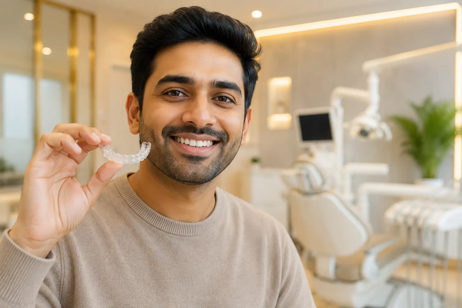 Invisalign clear aligner tray held up at a dental clinic in Chandigarh