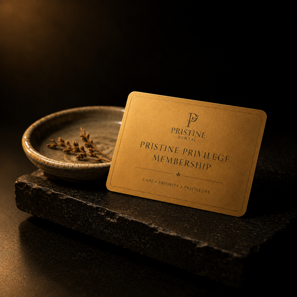 Pristine Smiles Club Membership card — annual dental plan, ₹2,499 per year, including unlimited consultations, X-rays, two scalings, and 10% off treatments