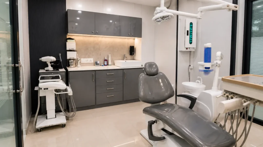 Dental operatory with treatment chair at Pristine Dental, Chandigarh