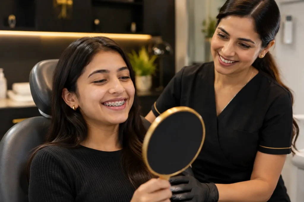 Patient with braces smiling after orthodontic treatment at Pristine Dental, Chandigarh