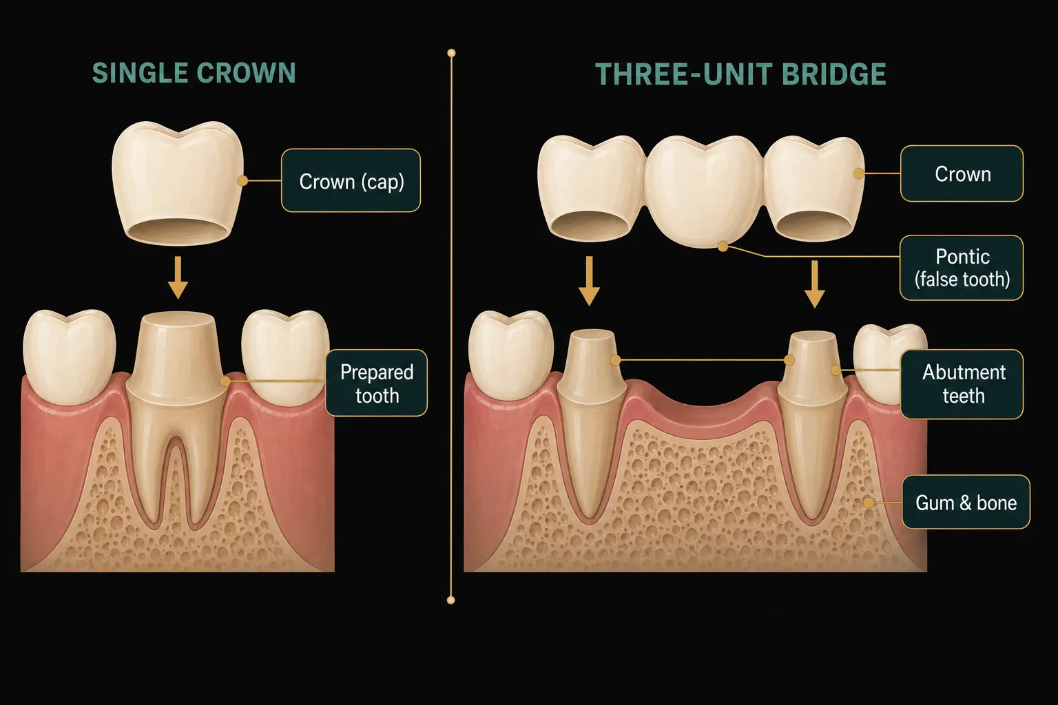 Diagram showing a dental crown on a tooth and a bridge spanning a gap
