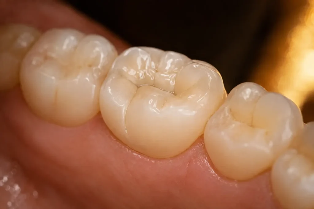 Natural-looking zirconia crown restoring a tooth at Pristine Dental, Chandigarh
