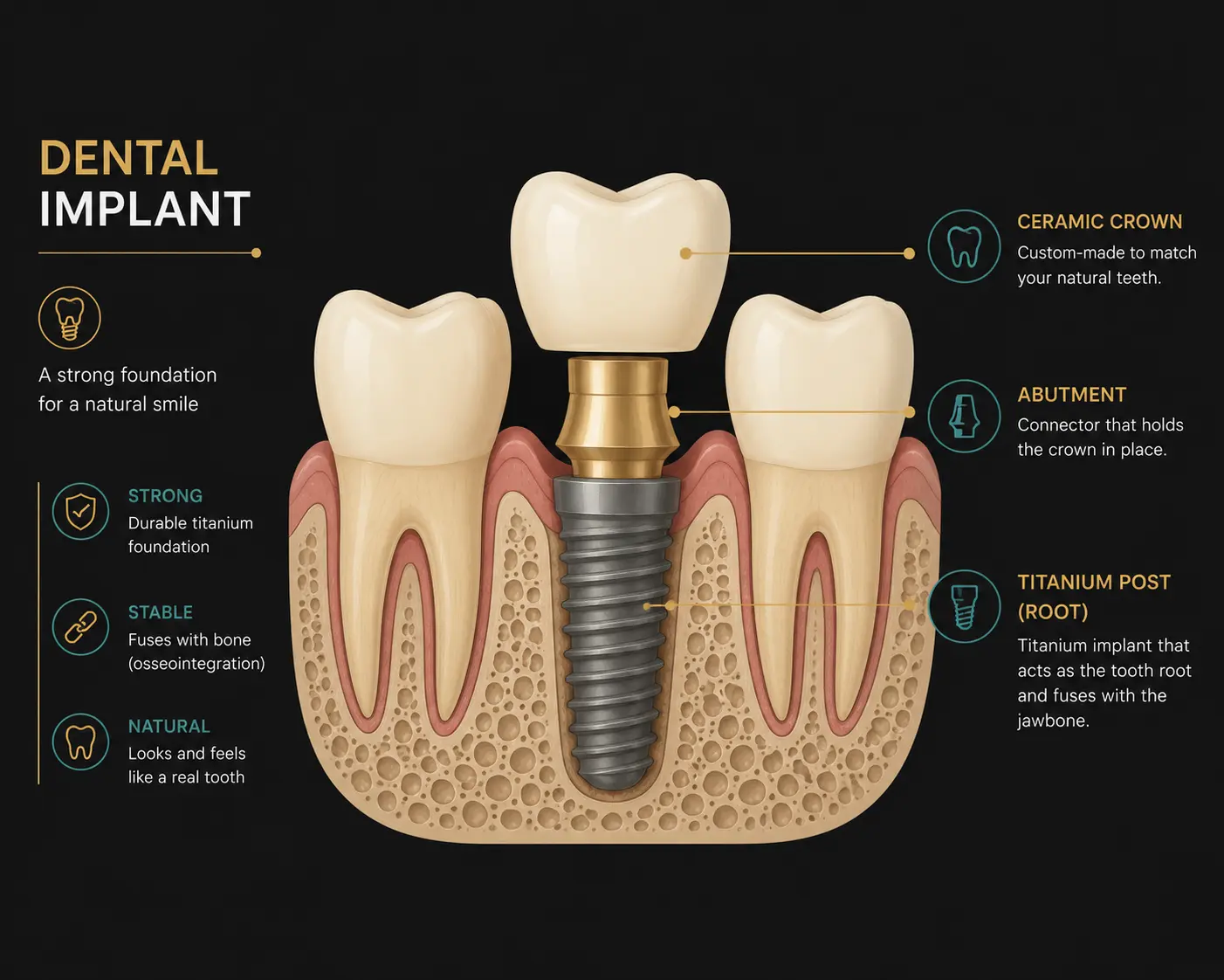 Diagram of a dental implant showing the titanium post, abutment and crown in the jawbone