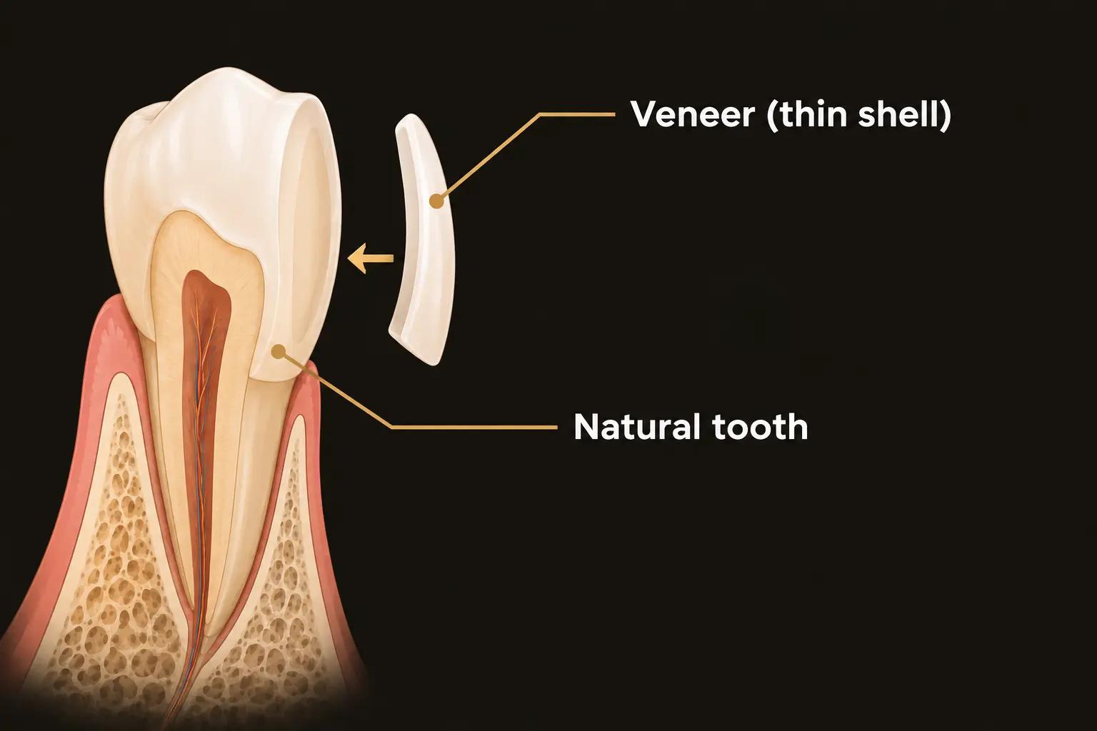 Diagram of a thin dental veneer bonded to the front of a tooth
