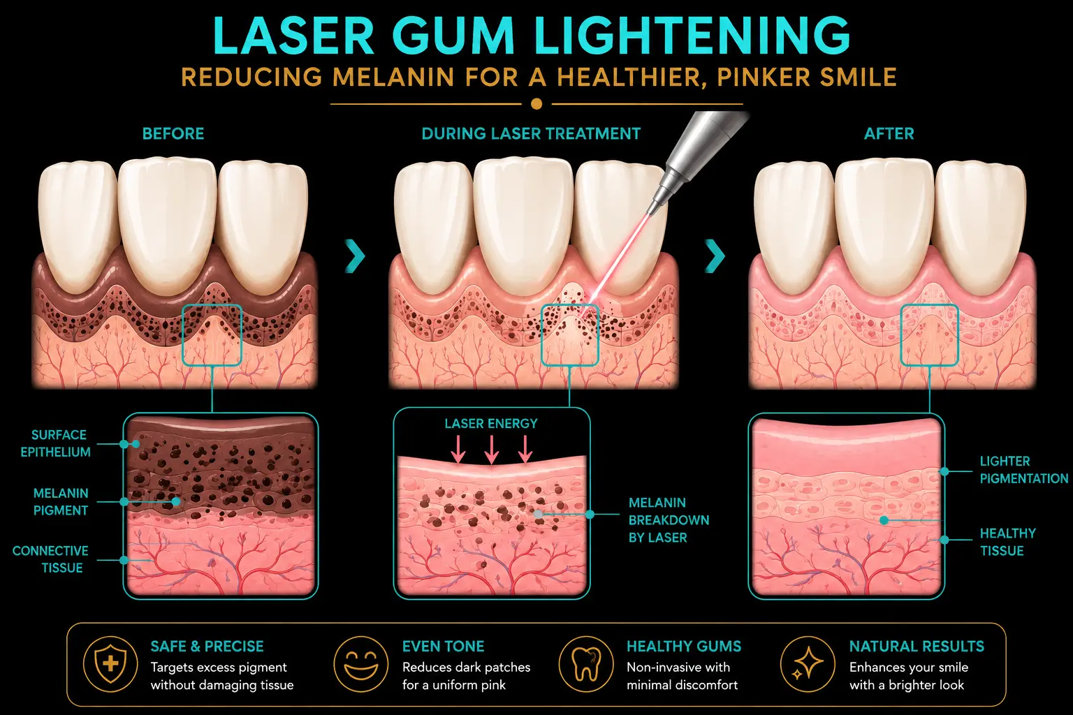 Diagram showing melanin pigment in gum tissue and laser depigmentation