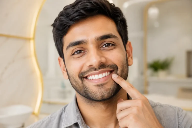 Confident smile with naturally pink gums after laser gum depigmentation at Pristine Dental, Chandigarh