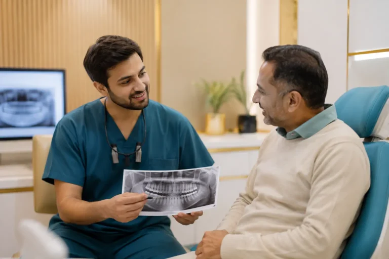 Periodontist reassuring a patient before gum treatment at Pristine Dental, Chandigarh
