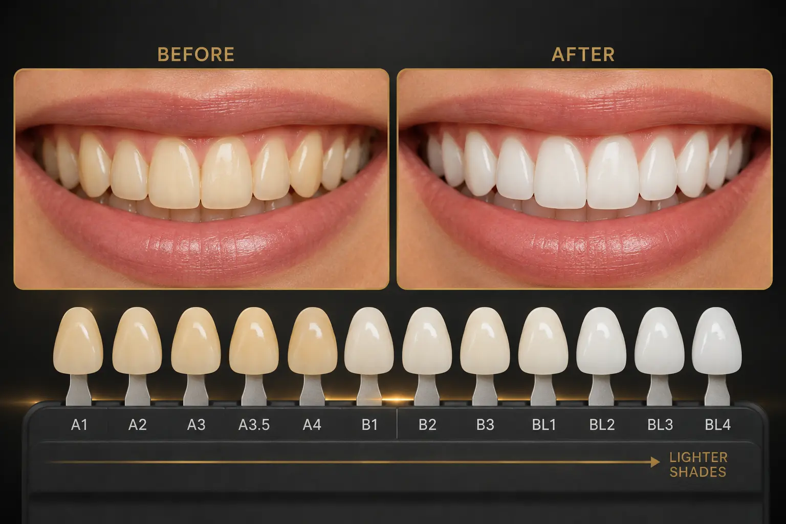 Tooth shade guide showing teeth lightened several shades after whitening