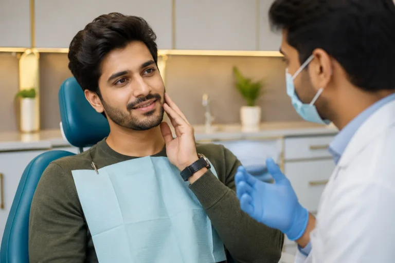 Person with jaw pain reassured during a TMJ consultation at Pristine Dental, Chandigarh