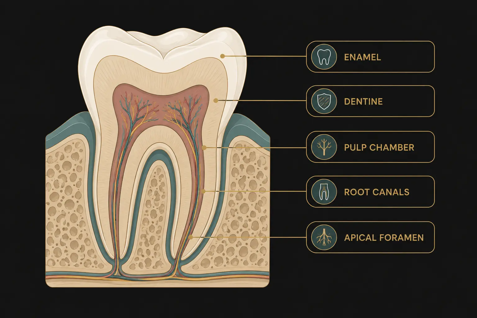 Diagram of tooth anatomy showing the pulp and root canals treated in a root canal