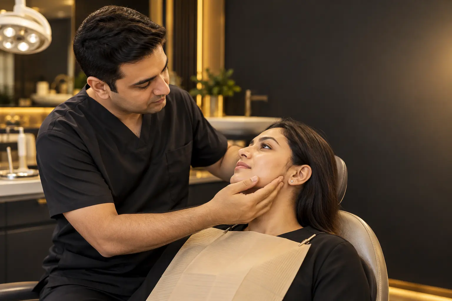 Dentist examining a patient's jaw for TMJ treatment at a Chandigarh dental clinic