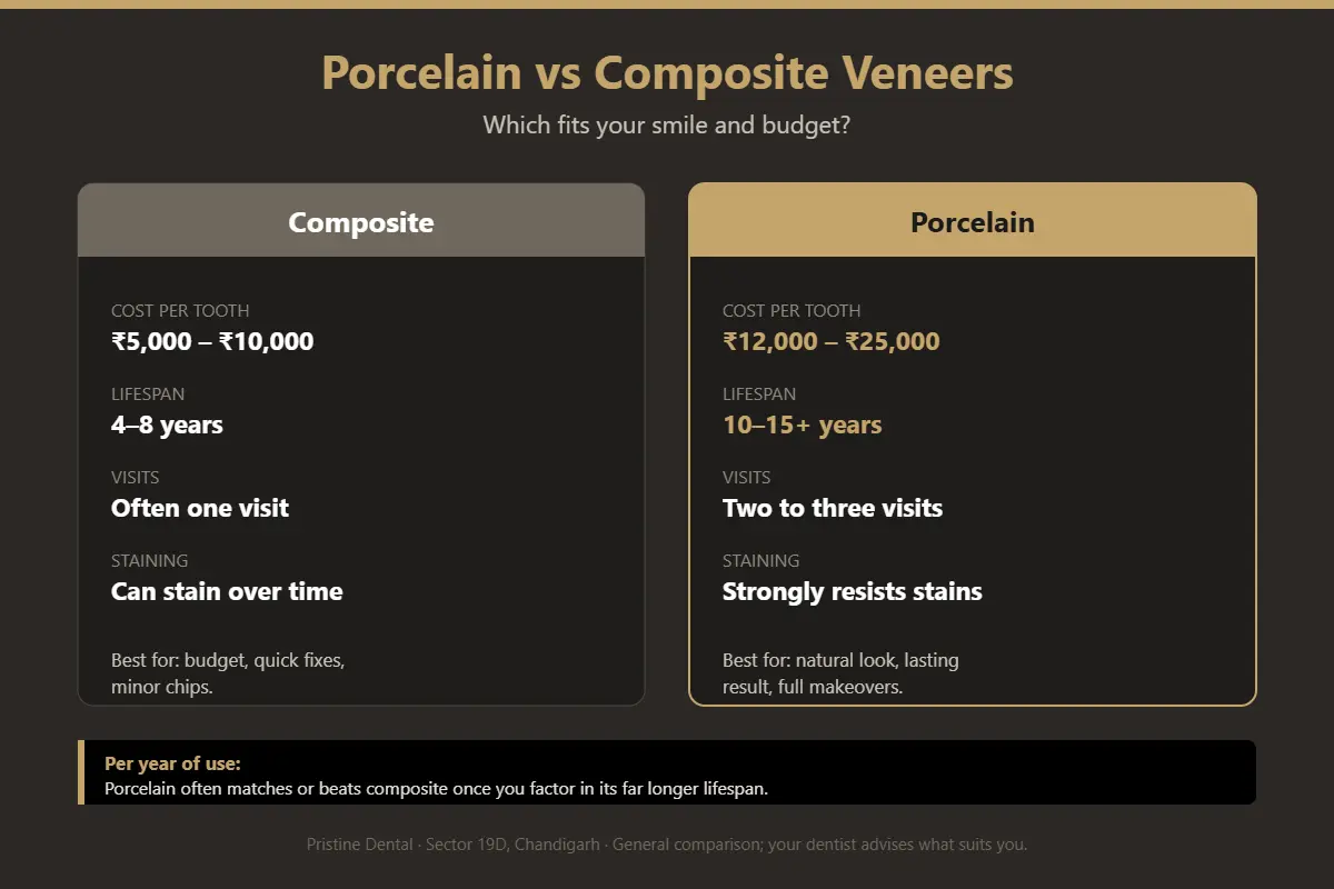 Comparison of porcelain versus composite veneers cost, lifespan and appearance