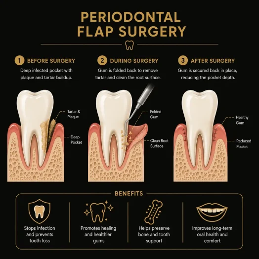 Flap surgery diagram showing deep cleaning and gum-pocket reduction