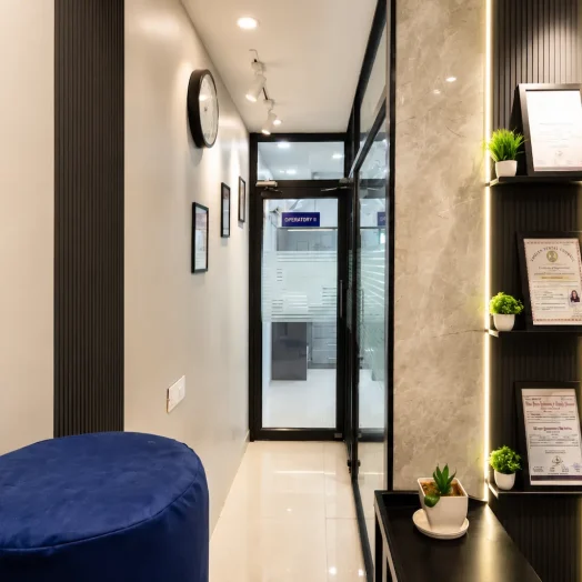 Reception area leading to operatories at Pristine Dental, Sector 19D Chandigarh