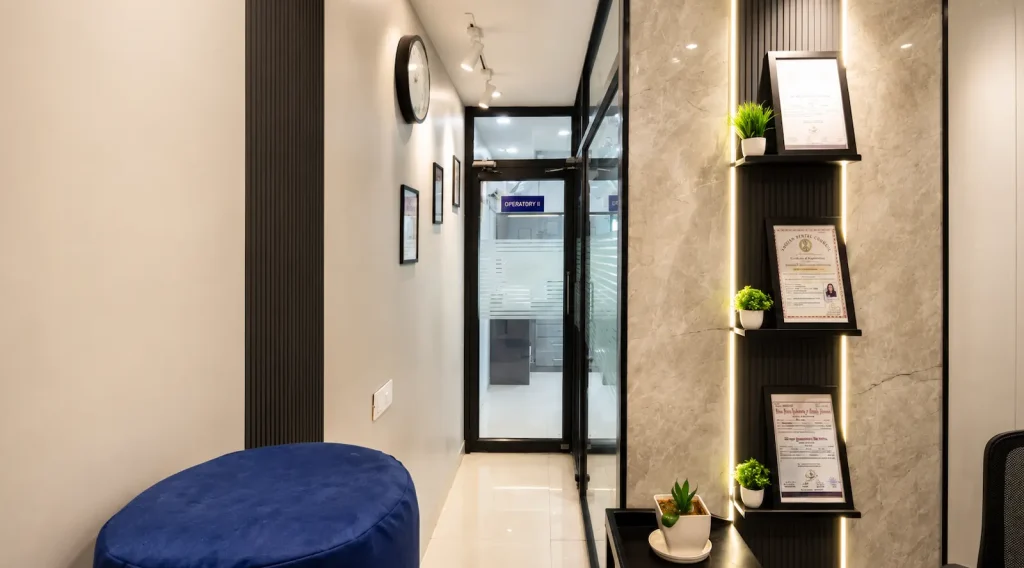 Reception area leading to operatories at Pristine Dental, Sector 19D Chandigarh