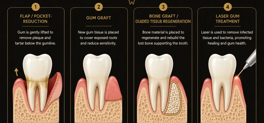 Types of periodontal surgery: flap/pocket reduction, gum graft, bone graft/GTR and laser